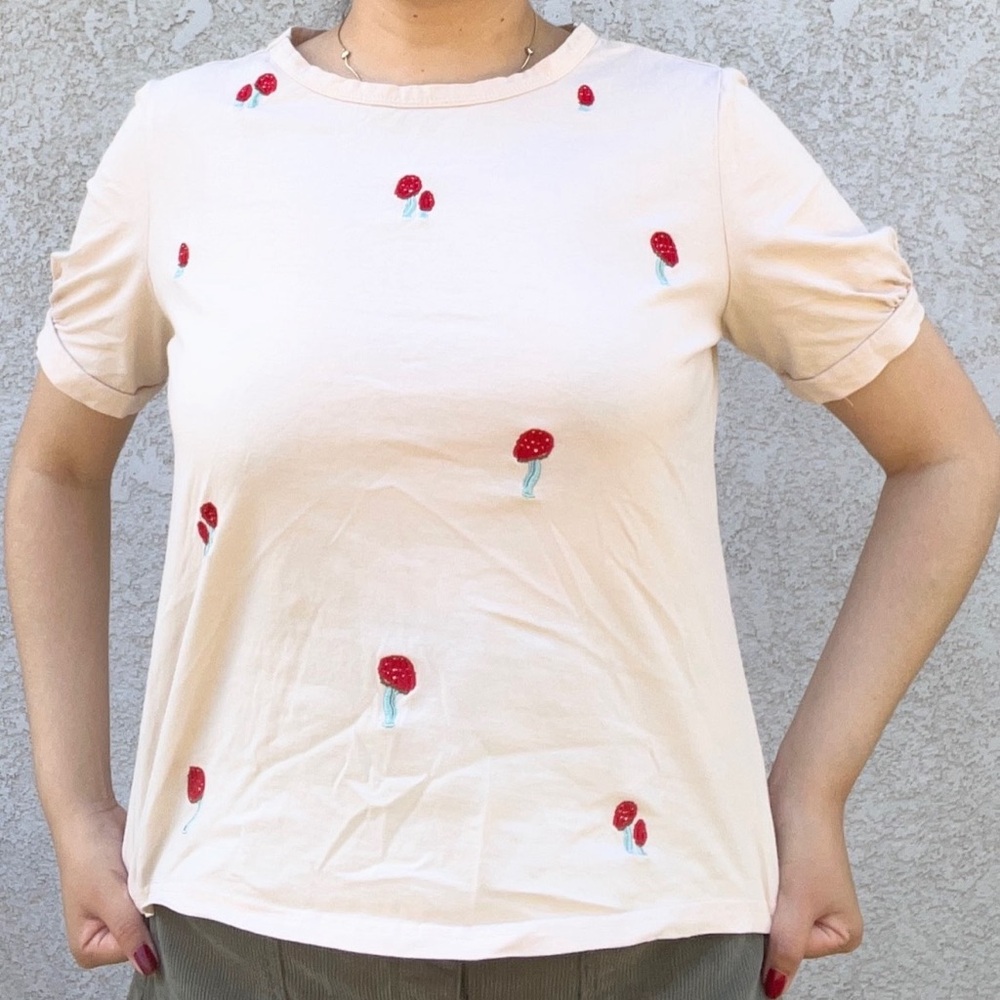 SHEIN Cream Tee with Red Mushroom Details